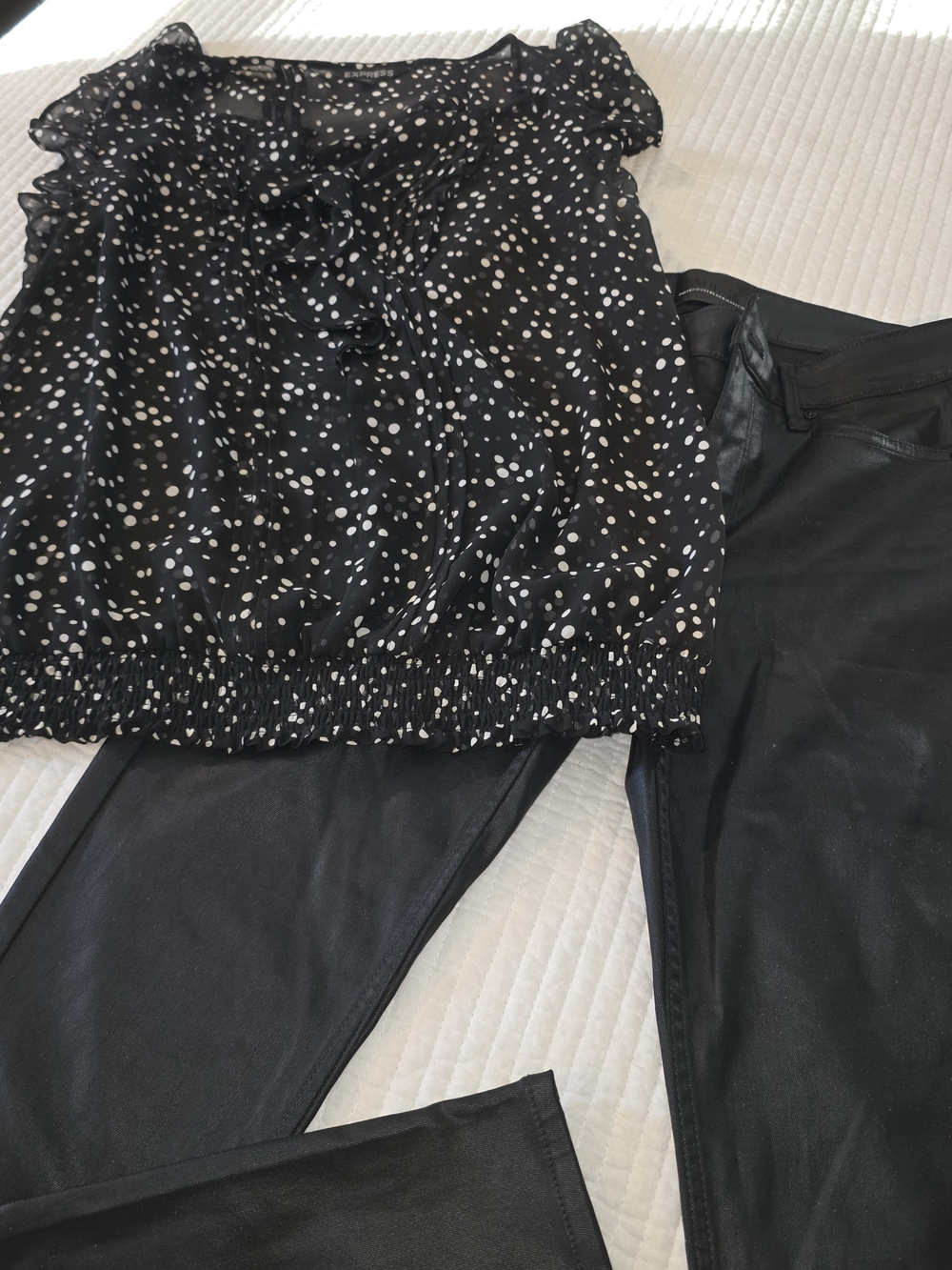 Black Polka Dot Blouse & Black Pants Set - Women